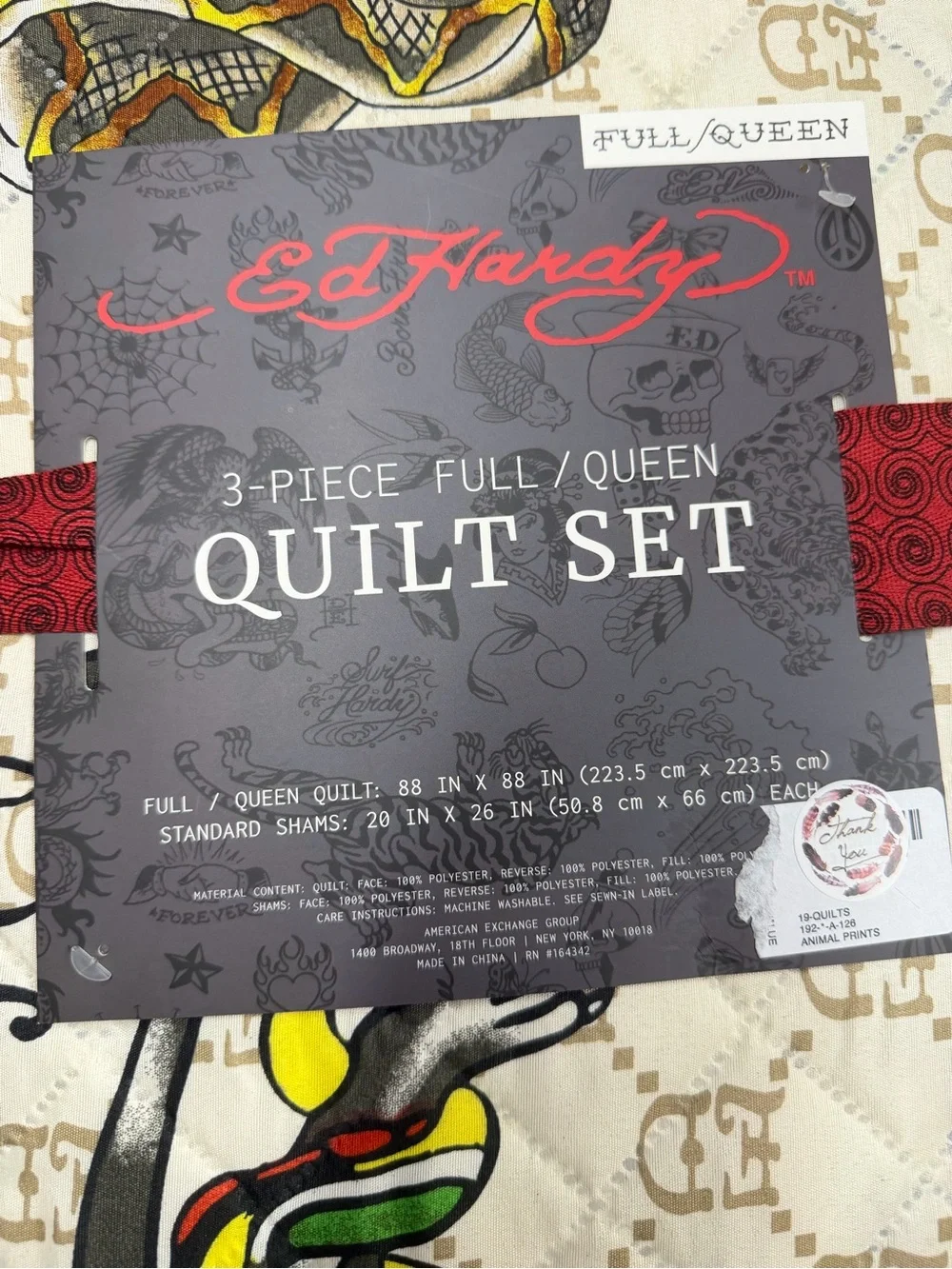 Ed Hardy Full / Queen Quilt Shams Set Bedding Panther Snake Accents ED Print NWT
